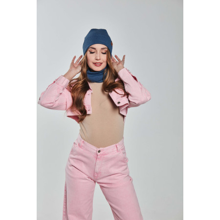 Czapka damska 2w1 zawijana i komin w prążki wiosna jesień Jasny Jeans