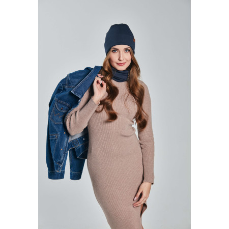 Czapka damska 2w1 zawijana i komin w prążki wiosna jesień Navy Blue