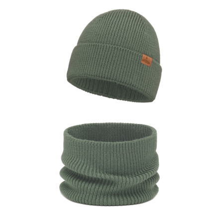 Czapka wełniana Merino dla dziecka z kominem Jasna Khaki