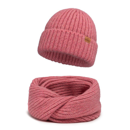 Czapka zimowa damska wełniana Puchatka i komin candy pink