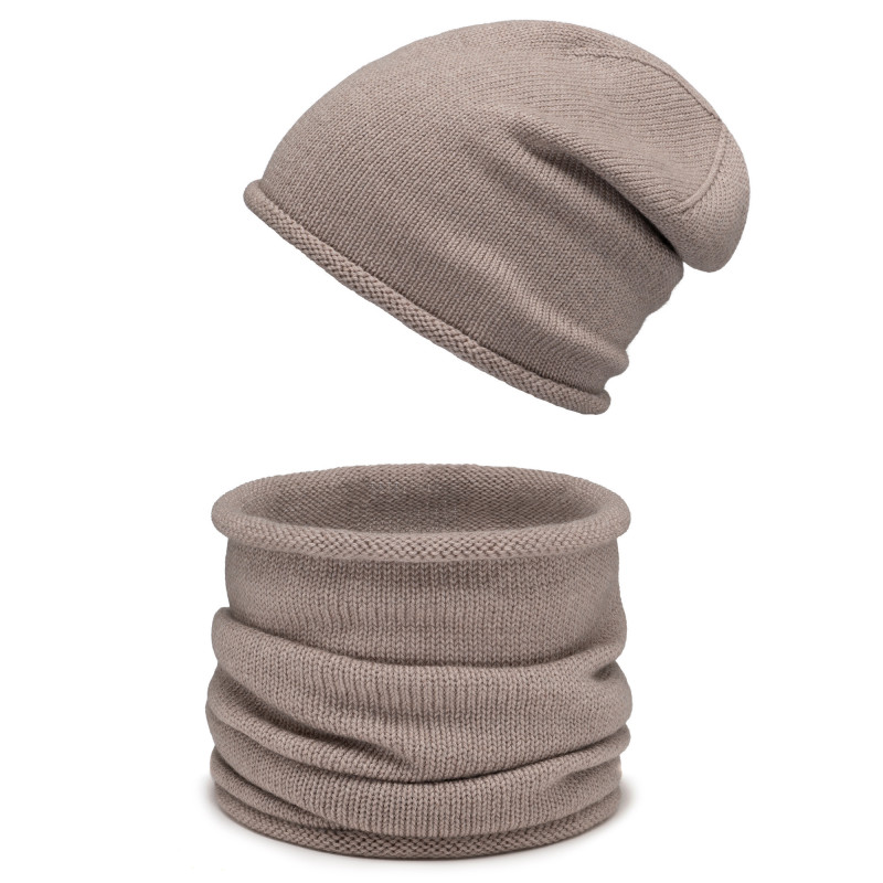 Czapka wełniana Merino damska i komin Milano Ciemny Beż