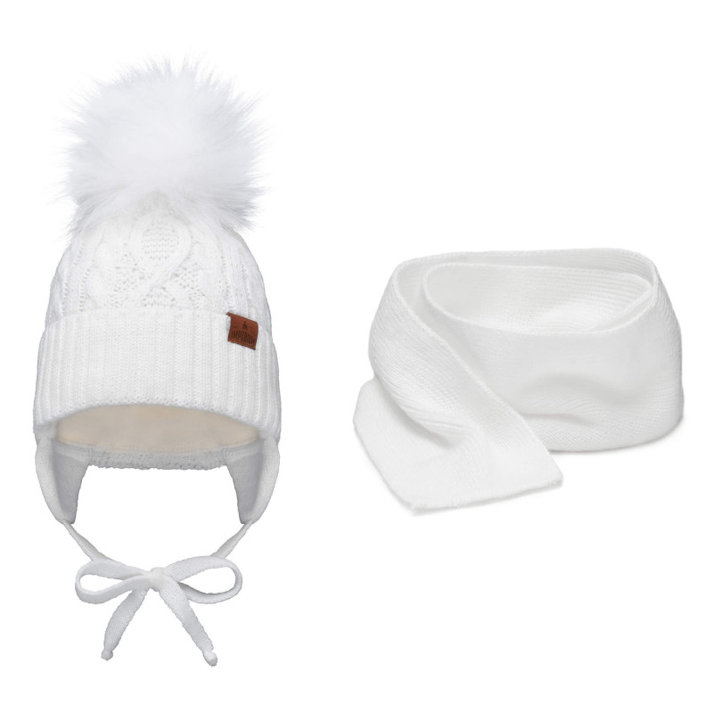 Komplet niemowlęcy zimowy czapka z pomponem + szalik 40-44 Biały