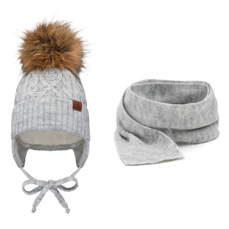 Komplet niemowlęcy zimowy czapka z pomponem + szalik 40-44 Jasny Szary