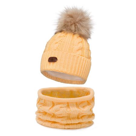 Komplet dziecięcy zimowy czapka z pomponem + komin Pastelowy Żółty