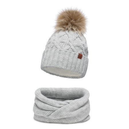 Czapka damska zimowa z pomponem + komin komplet Jasny Szary