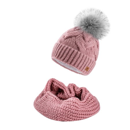 Czapka damska zimowa z pomponem + komin komplet Ciemny Róż Kama