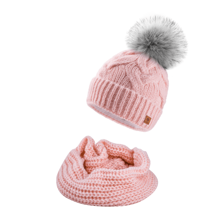 Czapka damska zimowa z pomponem + komin komplet Jasny Róż Kama