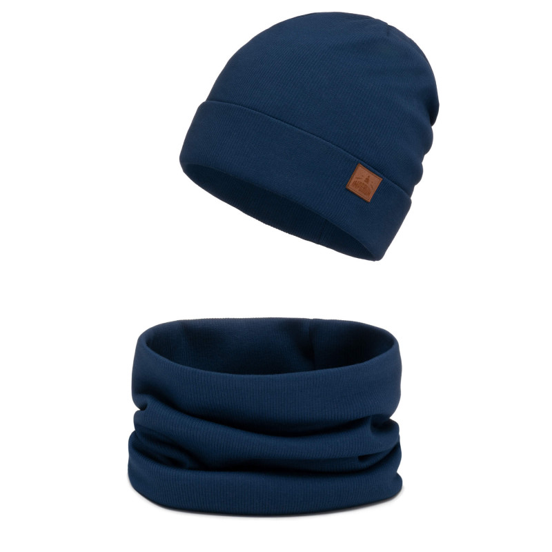 Czapka dziecięca zawijana w prążki komplet z kominem wiosna jesień Navy Blue