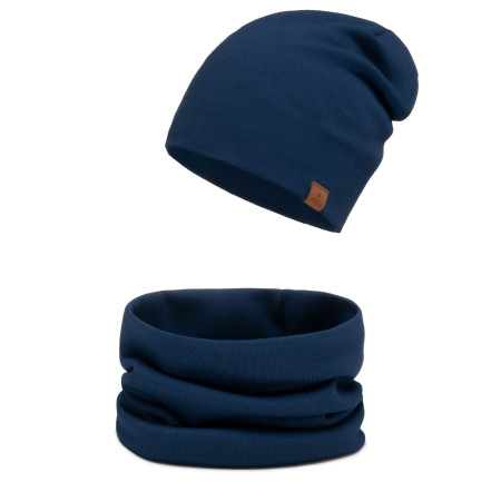 Czapka męska 2w1 zawijana i komin w prążki wiosna jesień Navy Blue