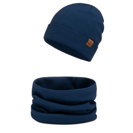 Czapka męska 2w1 zawijana i komin w prążki wiosna jesień Navy Blue