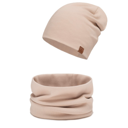 Czapka męska 2w1 zawijana i komin w prążki wiosna jesień Latte