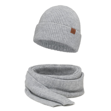 Czapka męska zimowa z wełną Merino + szal komplet Jasny Szary
