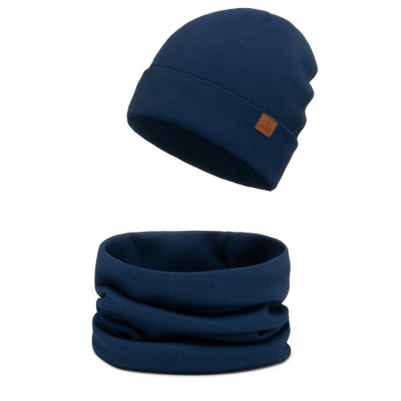Czapka jednowarstwowa dla dziecka z kominem w prążki Navy Blue
