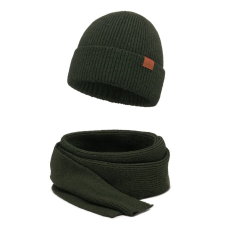 Czapka męska zimowa z wełną Merino + szal komplet Khaki