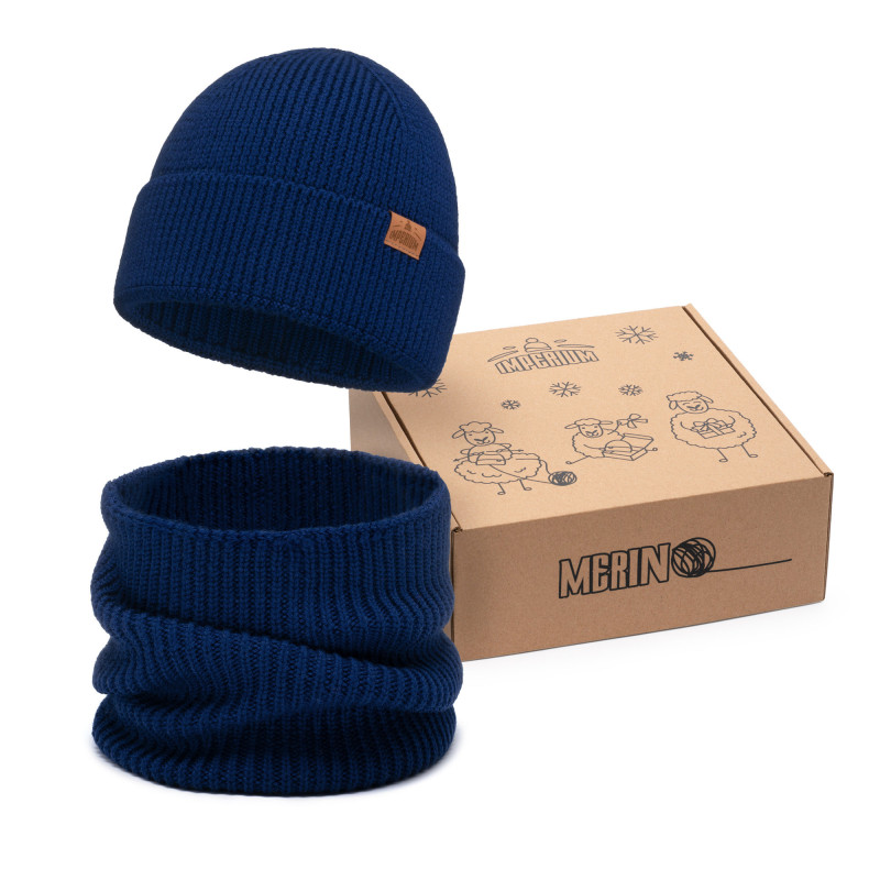 Czapka wełniana Merino dla dziecka z kominem Granatowy