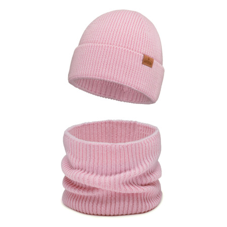 Czapka wełniana Merino dla dziecka z kominem Różowa