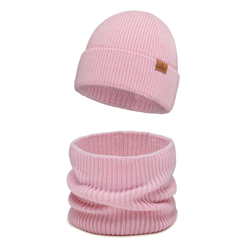 Czapka wełniana Merino dla dziecka z kominem Różowa